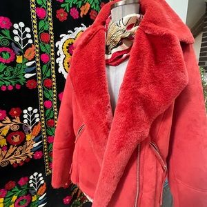 New River Island Plus Faux Suede Red Biker Jacket SZ 14/16